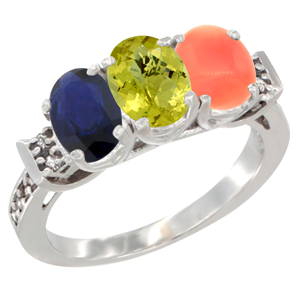 14K White Gold Natural Blue Sapphire, Lemon Quartz &amp; Coral Ring 3-Stone Oval 7x5 mm Diamond Accent, sizes 5 - 10