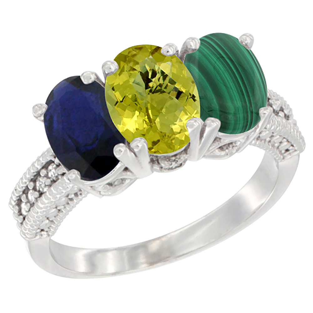 14K White Gold Natural Blue Sapphire, Lemon Quartz &amp; Malachite Ring 3-Stone 7x5 mm Oval Diamond Accent, sizes 5 - 10