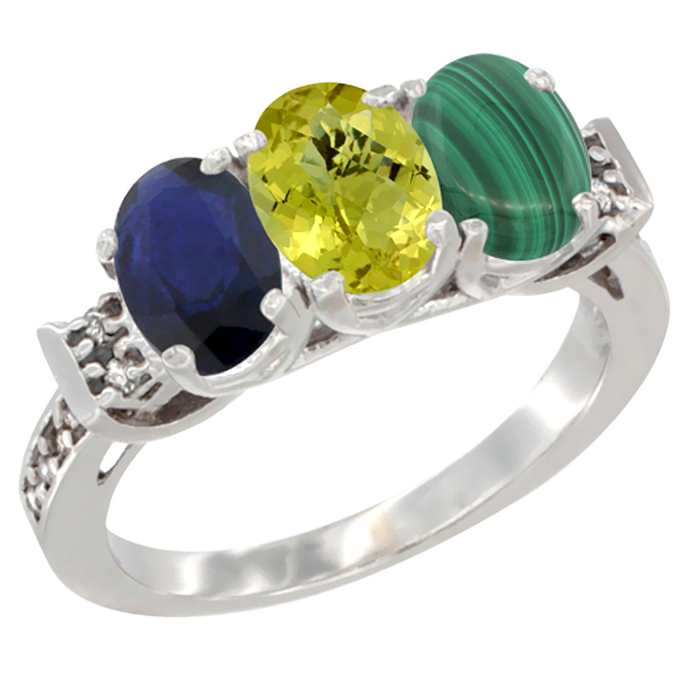 14K White Gold Natural Blue Sapphire, Lemon Quartz & Malachite Ring 3-Stone Oval 7x5 mm Diamond Accent, sizes 5 - 10