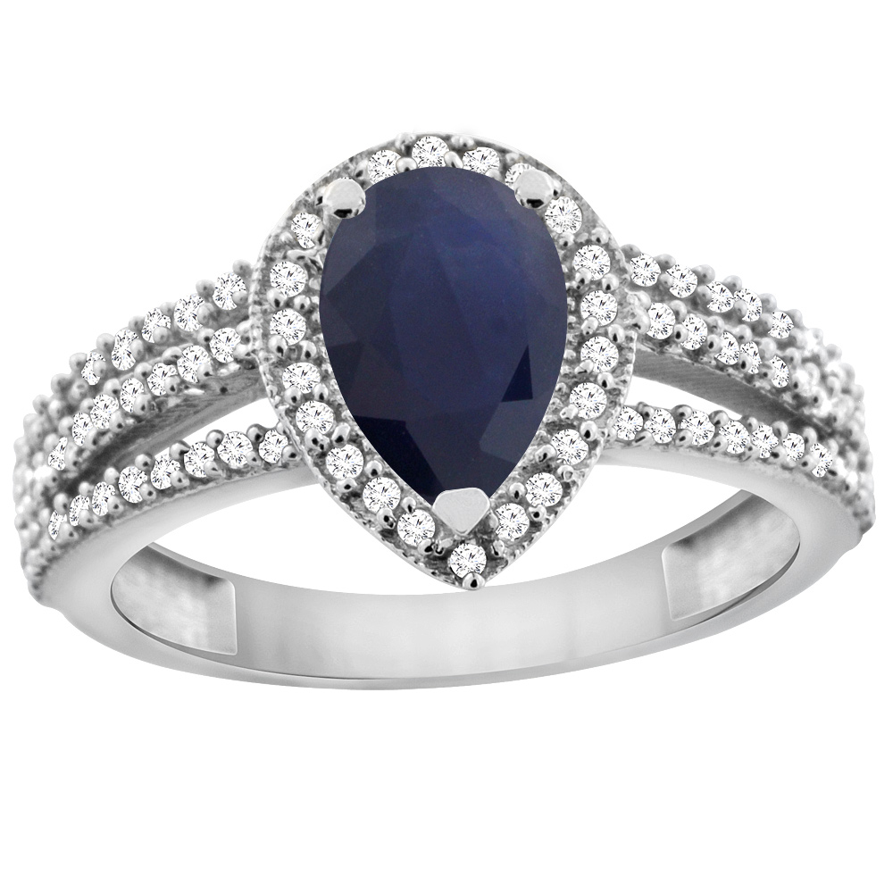 10K White Gold Natural Blue Sapphire Ring 9x7 Pear Halo Diamond, sizes 5 - 10