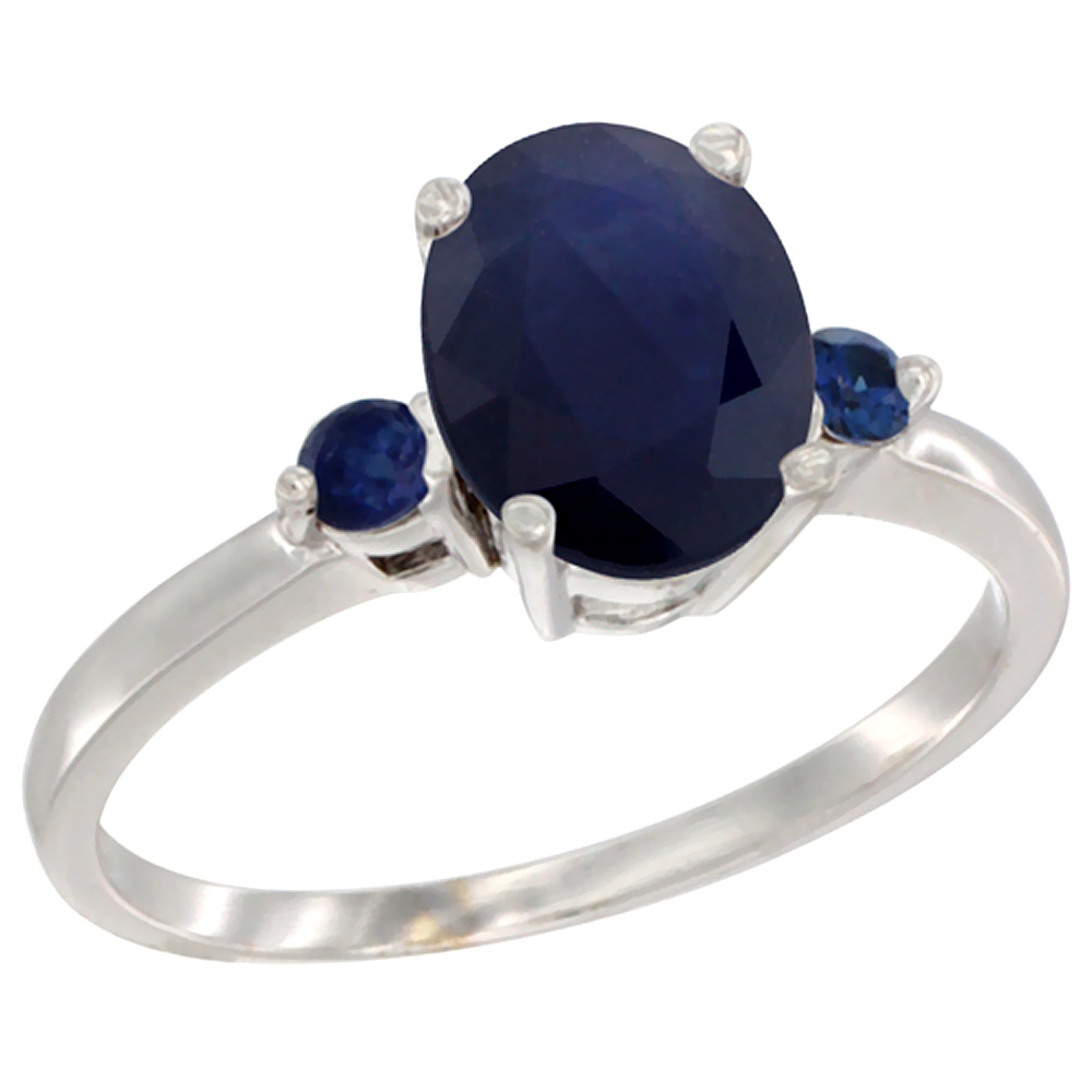 10K White Gold Natural Blue Sapphire Ring Oval 9x7 mm Blue Sapphire Accent, sizes 5 to 10