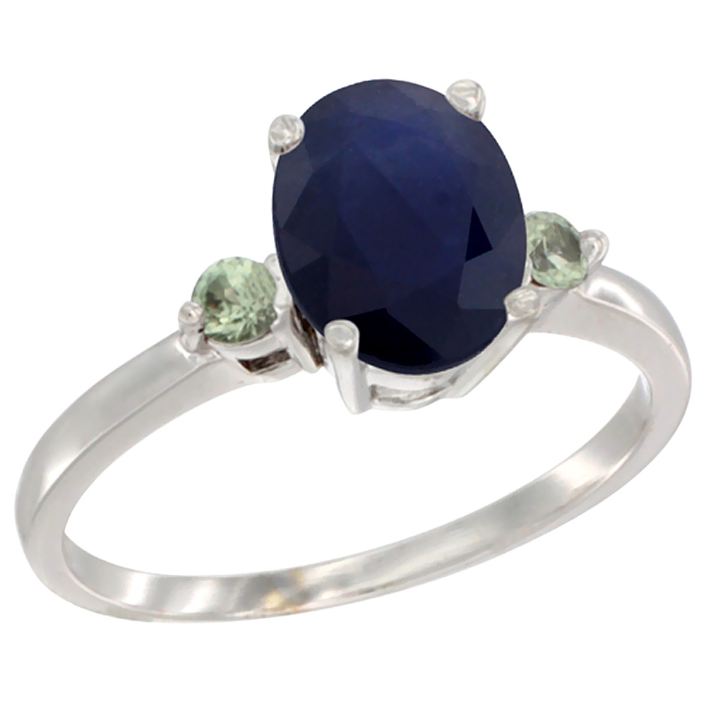 14K White Gold Natural Blue Sapphire Ring Oval 9x7 mm Green Sapphire Accent, sizes 5 to 10