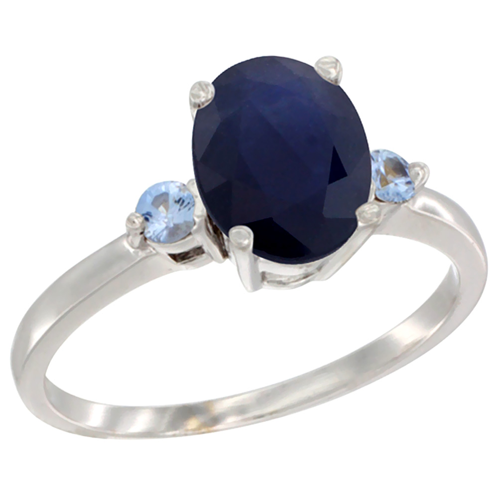 14K White Gold Natural Blue Sapphire Ring Oval 9x7 mm Light Blue Sapphire Accent, sizes 5 to 10