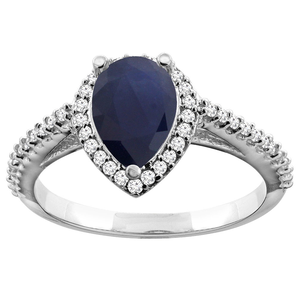 10K White Gold Natural Diffused Ceylon Sapphire Ring Pear 9x7mm Diamond Accents, sizes 5 - 10