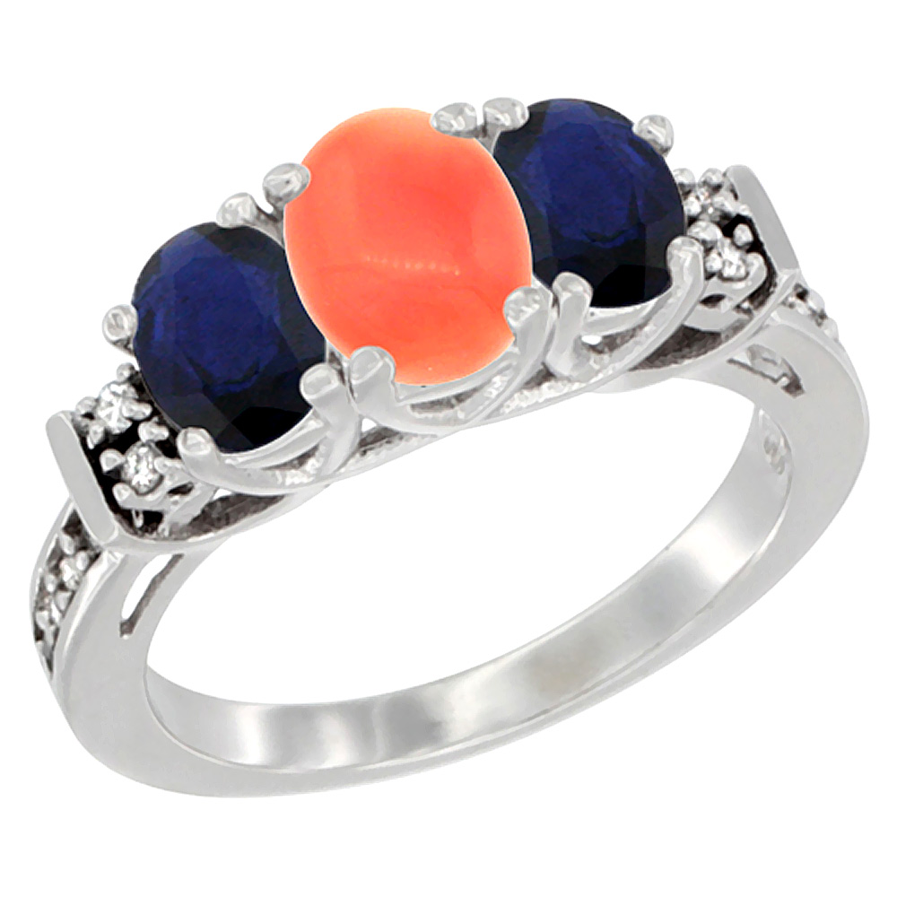 14K White Gold Natural Coral &amp; Blue Sapphire Ring 3-Stone Oval with Diamond Accent