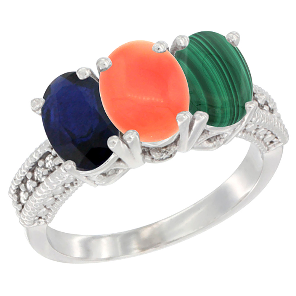 14K White Gold Natural Blue Sapphire, Coral & Malachite Ring 3-Stone 7x5 mm Oval Diamond Accent, sizes 5 - 10