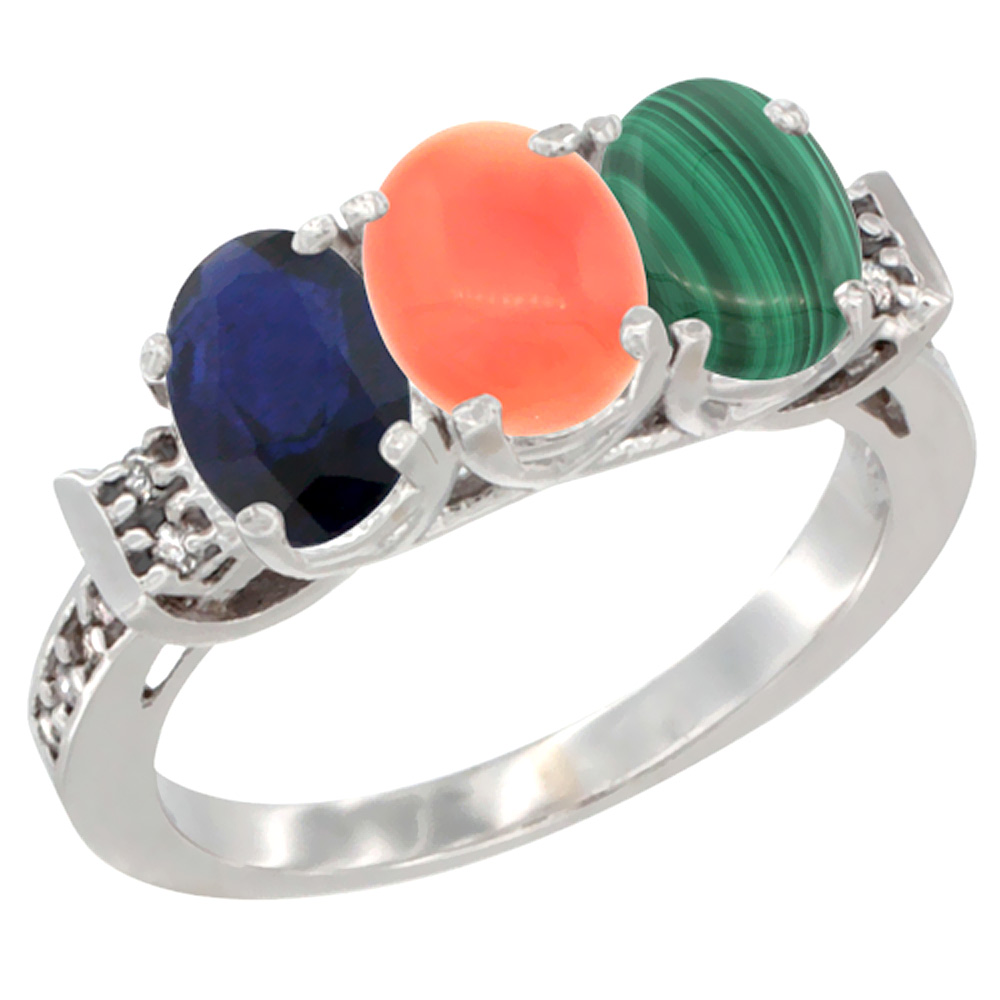 10K White Gold Natural Blue Sapphire, Coral & Malachite Ring 3-Stone Oval 7x5 mm Diamond Accent, sizes 5 - 10