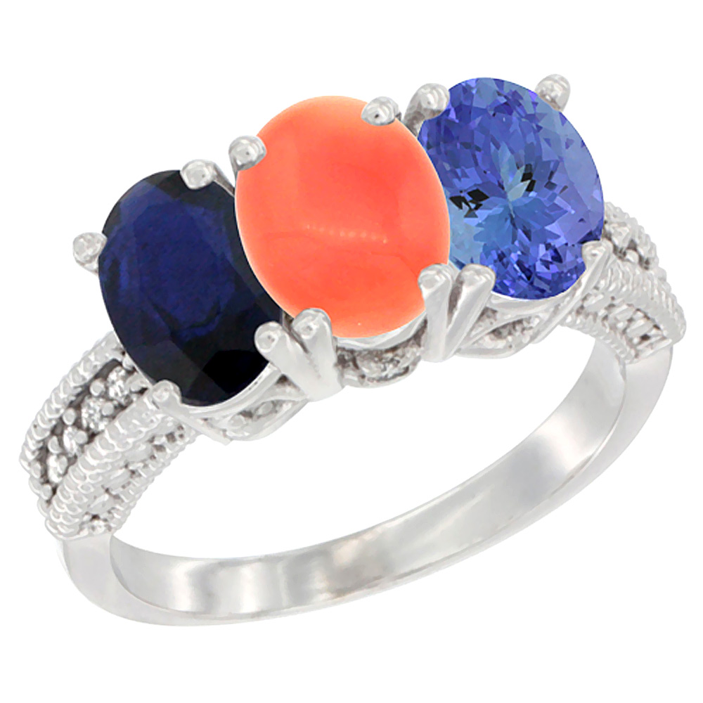 10K White Gold Diamond Natural Blue Sapphire, Coral & Tanzanite Ring 3-Stone 7x5 mm Oval, sizes 5 - 10