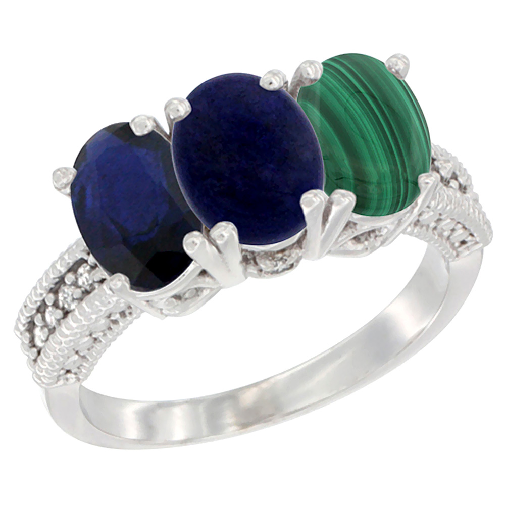 14K White Gold Natural Blue Sapphire, Lapis & Malachite Ring 3-Stone 7x5 mm Oval Diamond Accent, sizes 5 - 10