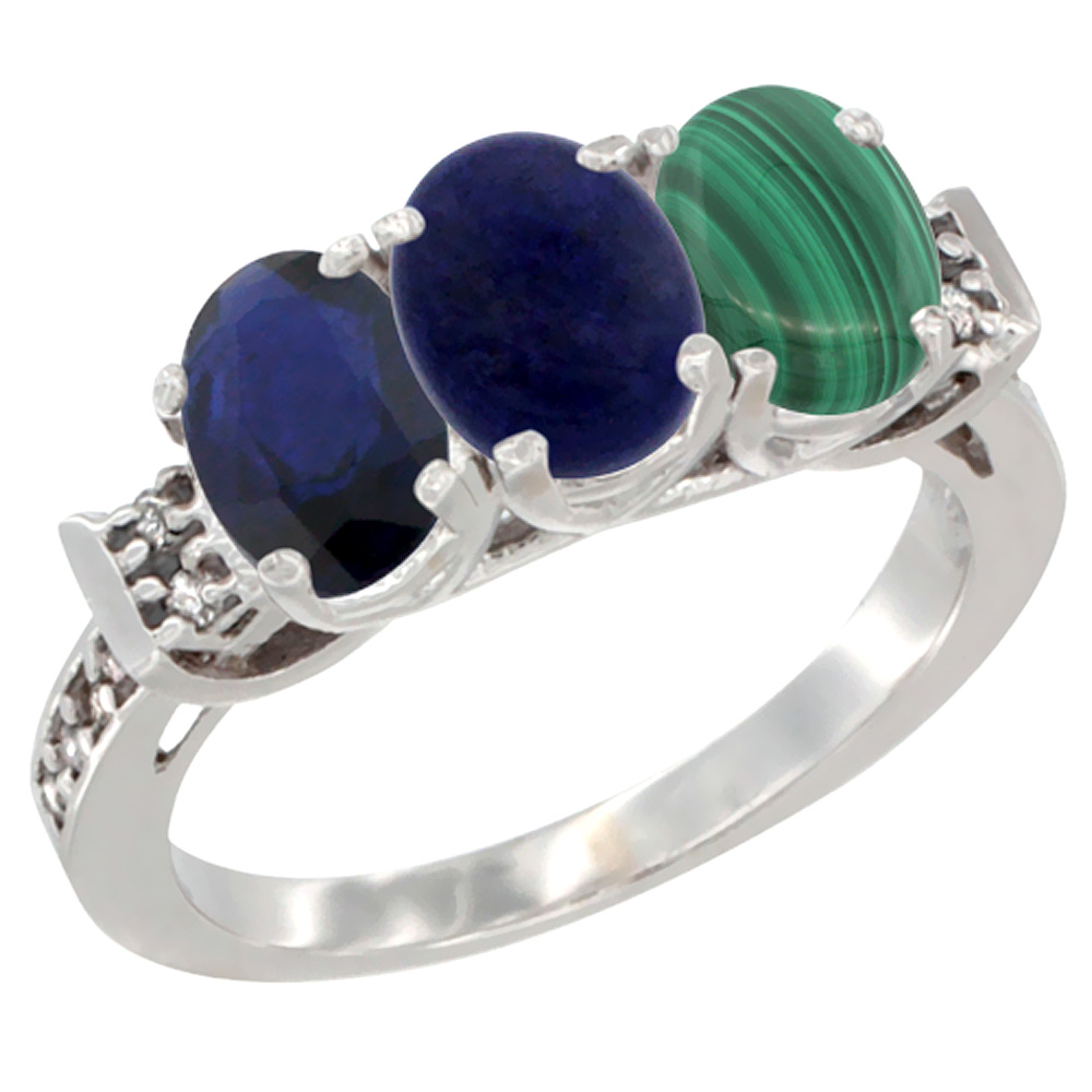 14K White Gold Natural Blue Sapphire, Lapis & Malachite Ring 3-Stone Oval 7x5 mm Diamond Accent, sizes 5 - 10