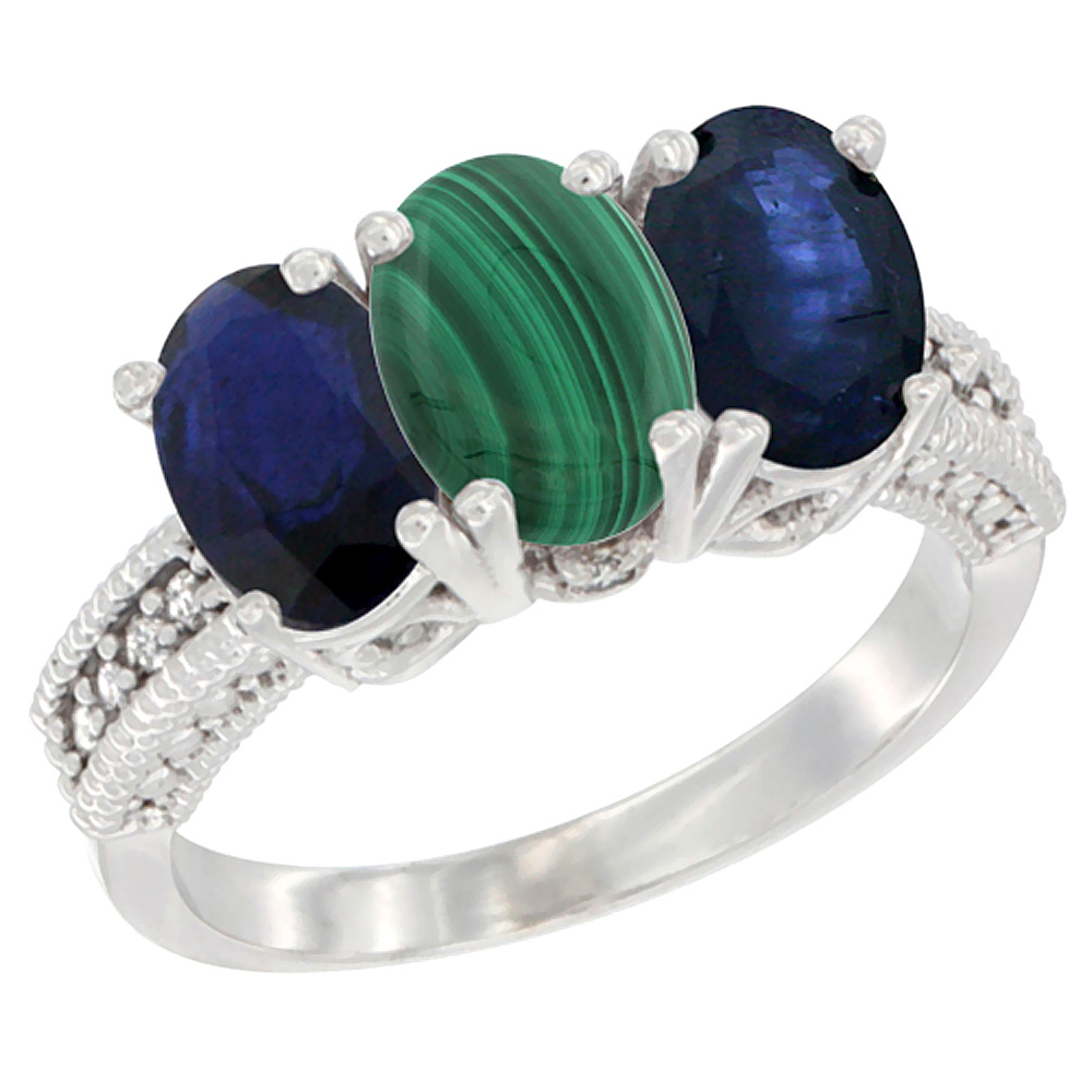 14K White Gold Natural Malachite & Blue Sapphire Sides Ring 3-Stone 7x5 mm Oval Diamond Accent, sizes 5 - 10