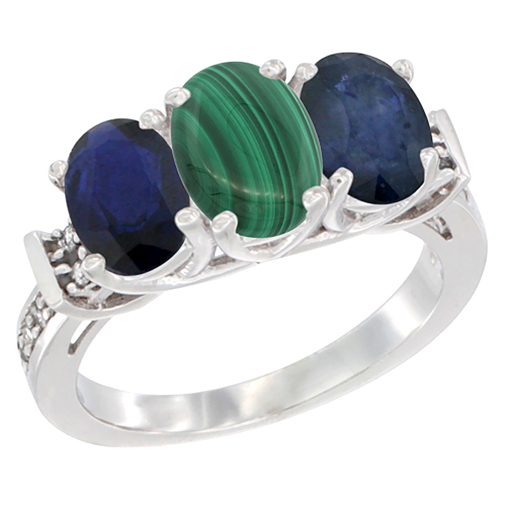 10K White Gold Natural Malachite & Blue Sapphire Sides Ring 3-Stone Oval Diamond Accent, sizes 5 - 10