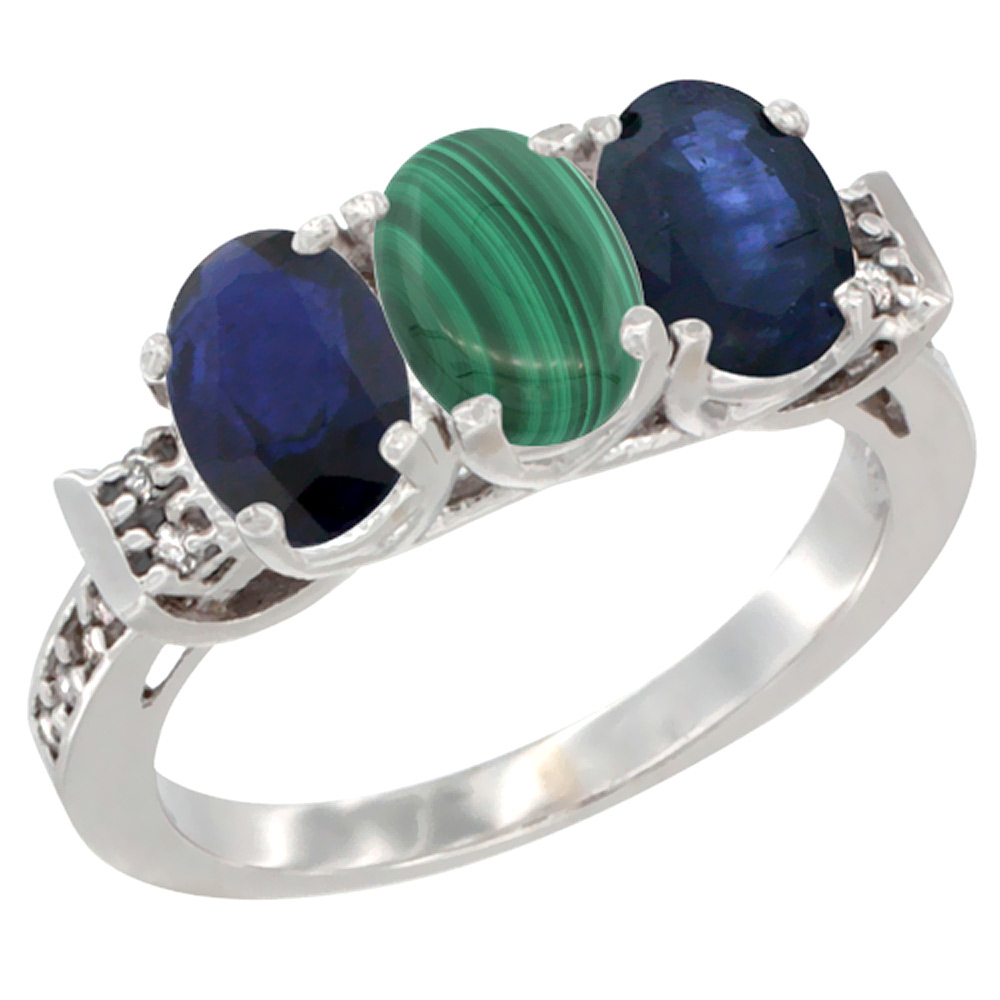 10K White Gold Natural Malachite & Blue Sapphire Sides Ring 3-Stone Oval 7x5 mm Diamond Accent, sizes 5 - 10