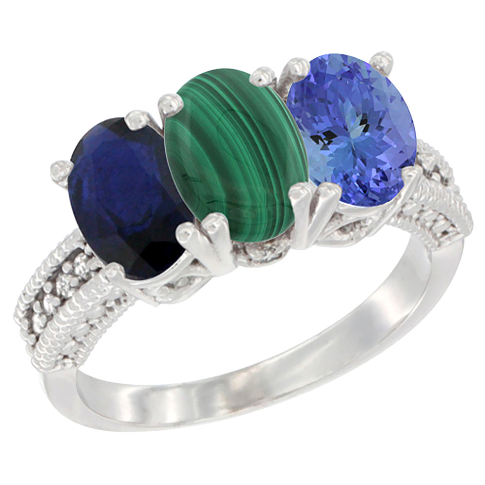 14K White Gold Natural Blue Sapphire, Malachite & Tanzanite Ring 3-Stone 7x5 mm Oval Diamond Accent, sizes 5 - 10