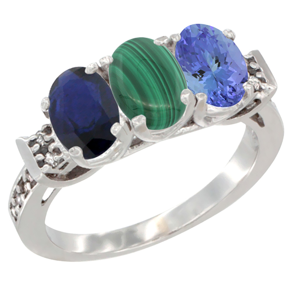 10K White Gold Natural Blue Sapphire, Malachite &amp; Tanzanite Ring 3-Stone Oval 7x5 mm Diamond Accent, sizes 5 - 10