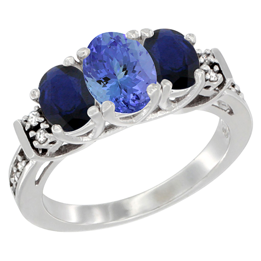 10K White Gold Natural Tanzanite & Blue Sapphire Ring 3-Stone Oval Diamond Accent