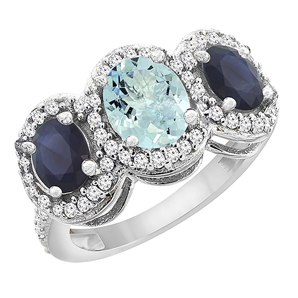 14K White Gold Natural Aquamarine & Quality Blue Sapphire 3-stone Mothers Ring Oval Diamond Accent,sz5-10