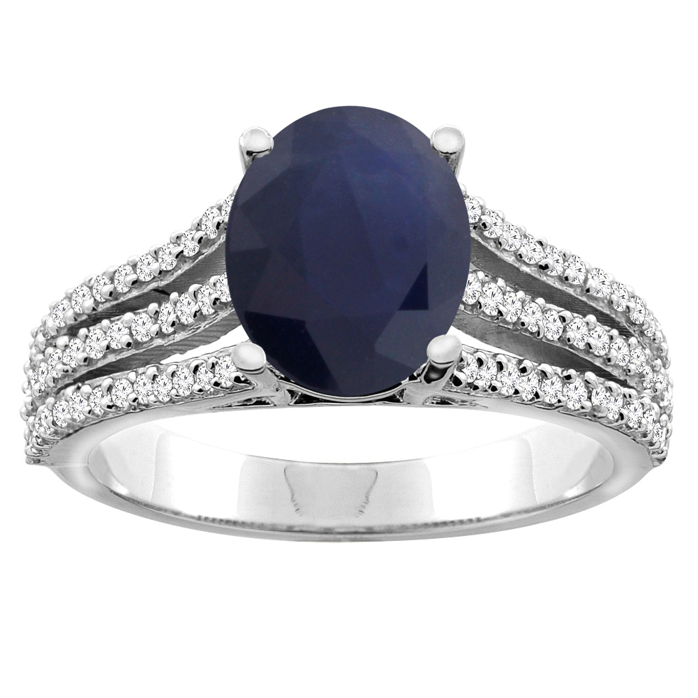 14K White/Yellow Gold Natural Blue Sapphire Tri-split Ring Oval 9x7mm Diamond Accents, sizes 5 - 10