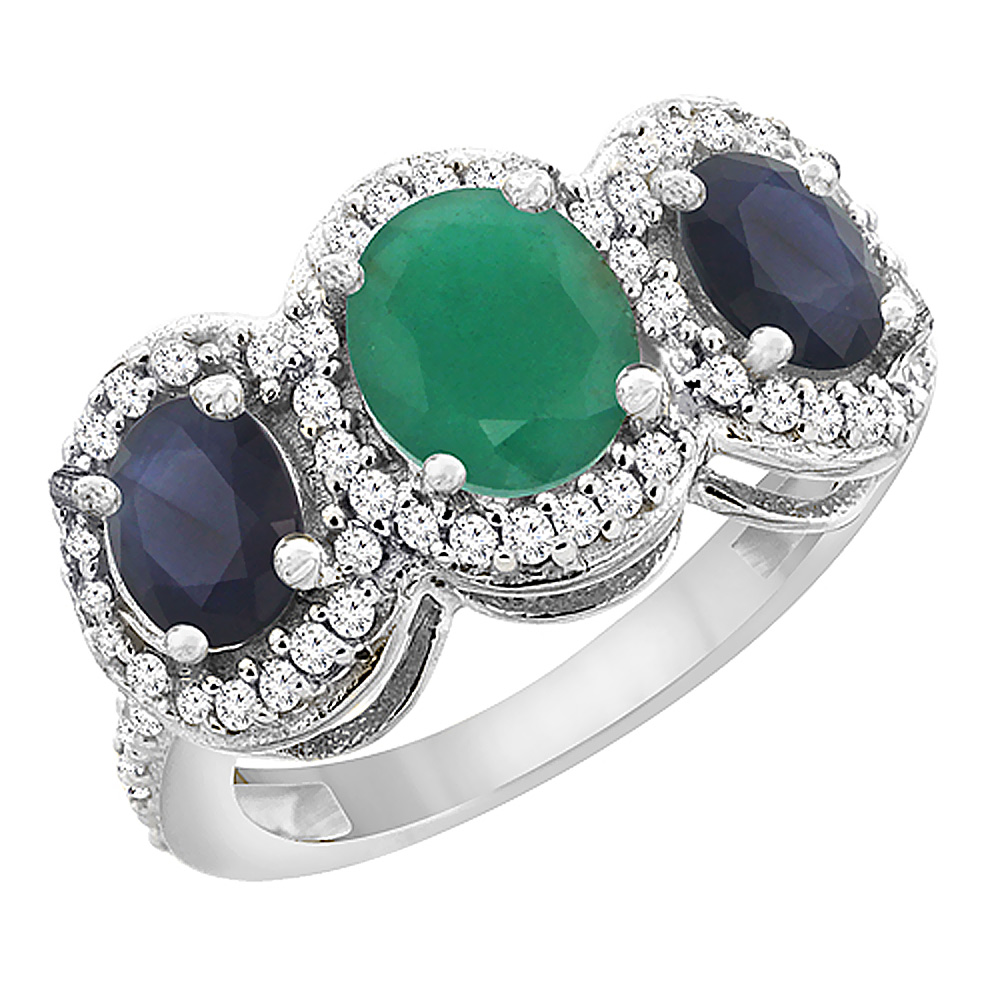 14K White Gold Diamond Natural Cabochon Emerald 7x5mm&6x4mmQuality Blue Sapphire Oval 3-stone Ring,sz5-10