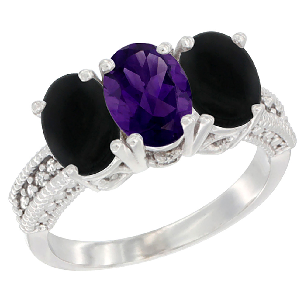 14K White Gold Natural Amethyst &amp; Black Onyx Sides Ring 3-Stone 7x5 mm Oval Diamond Accent, sizes 5 - 10