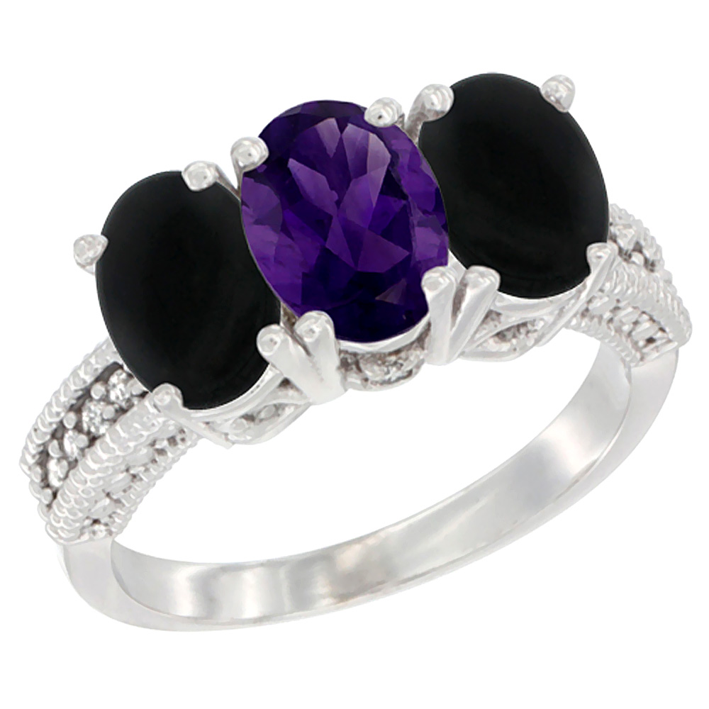 10K White Gold Diamond Natural Amethyst & Black Onyx Ring 3-Stone 7x5 mm Oval, sizes 5 - 10