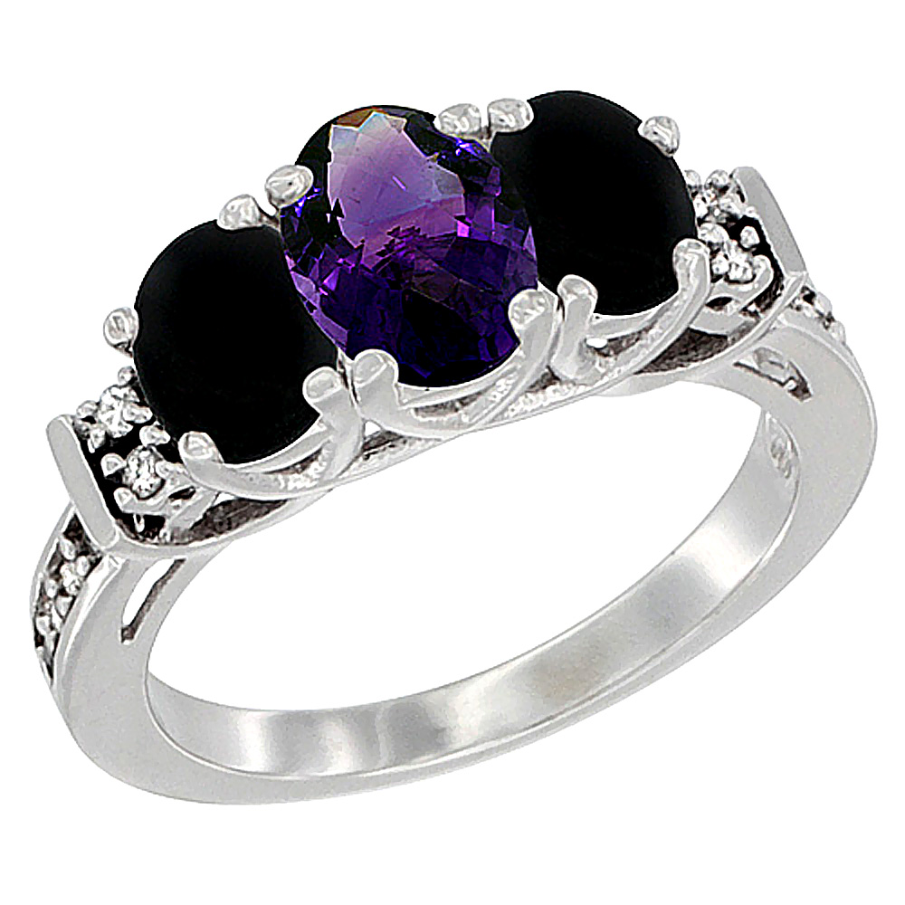 14K White Gold Natural Amethyst & Black Onyx Ring 3-Stone Oval Diamond Accent, sizes 5-10