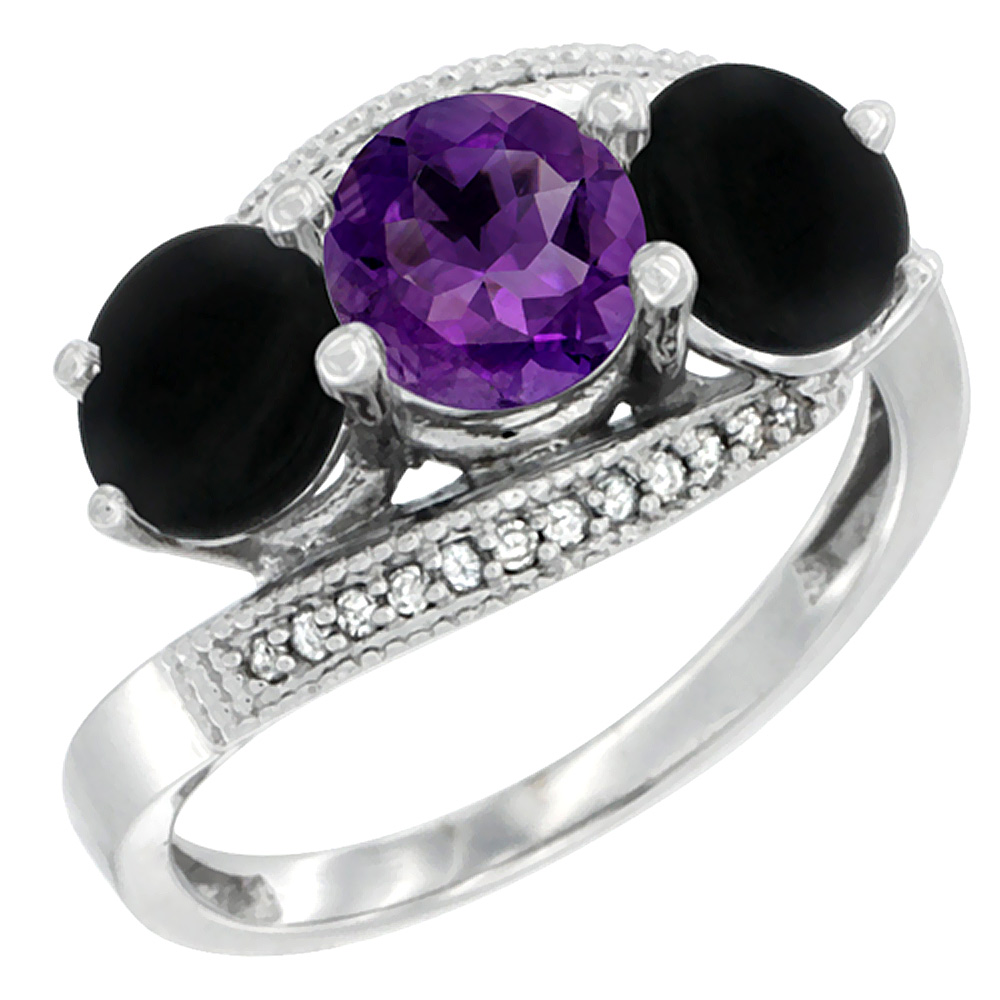 14K White Gold Natural Amethyst & Black Onyx Sides 3 stone Ring Round 6mm Diamond Accent, sizes 5 - 10