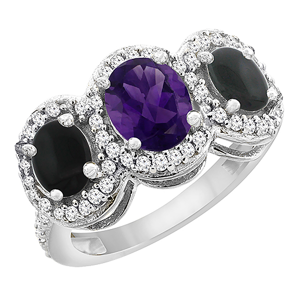 10K White Gold Natural Amethyst &amp; Black Onyx 3-Stone Ring Oval Diamond Accent, sizes 5 - 10