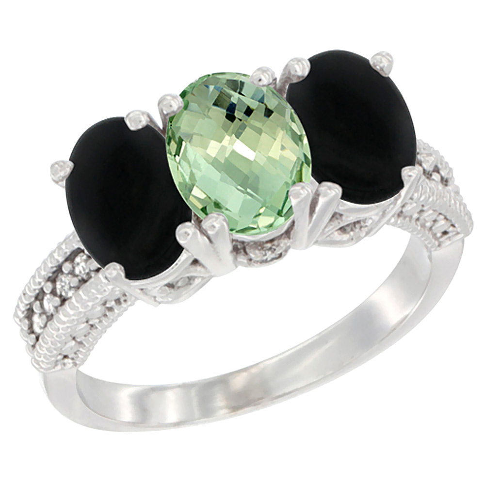 14K White Gold Natural Green Amethyst & Black Onyx Sides Ring 3-Stone 7x5 mm Oval Diamond Accent, sizes 5 - 10