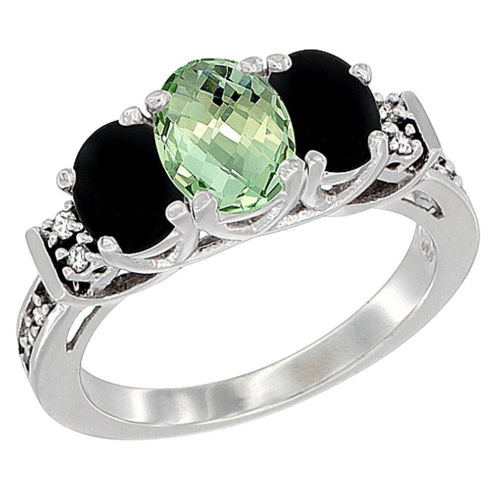 14K White Gold Natural Green Amethyst &amp; Black Onyx Ring 3-Stone Oval Diamond Accent, sizes 5-10