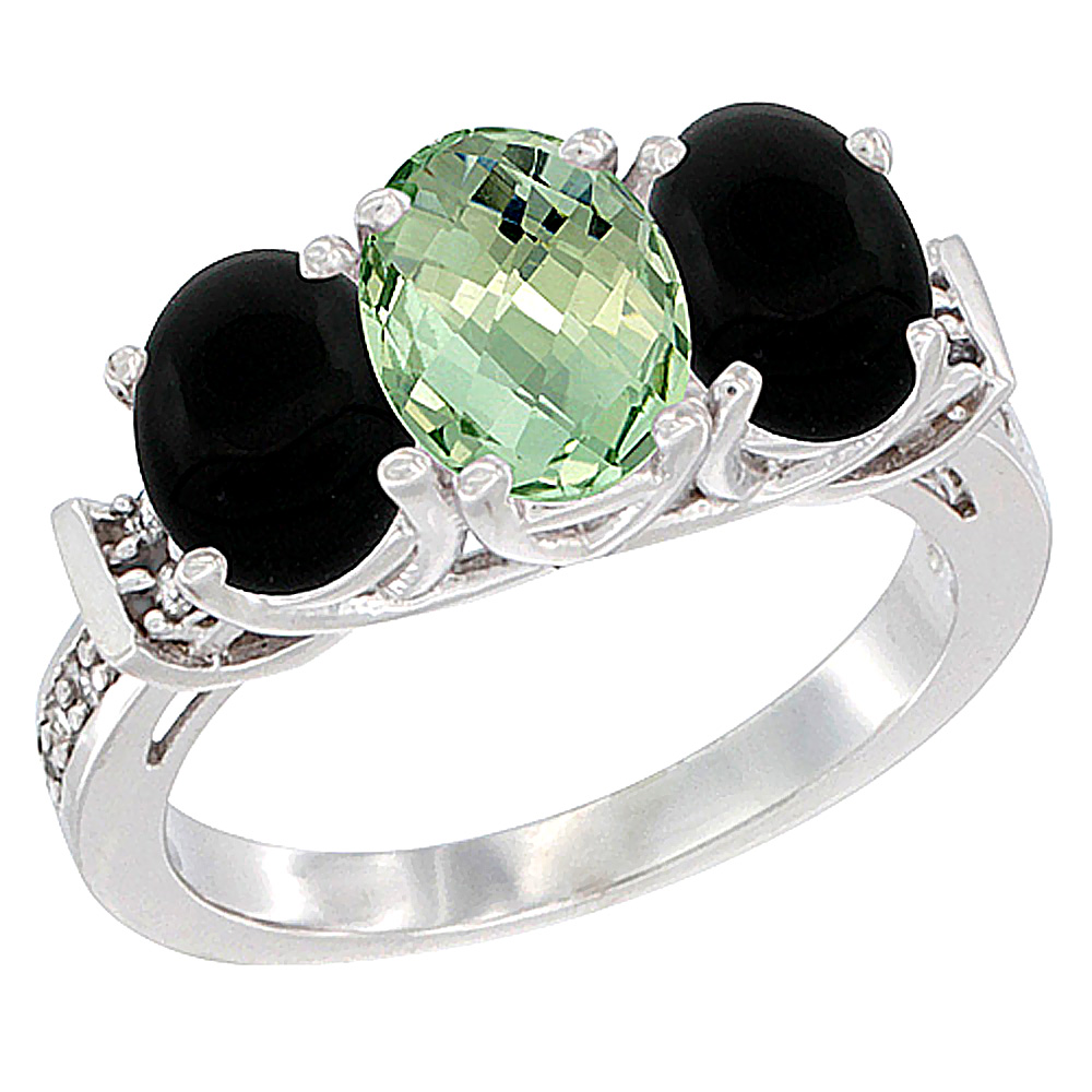 14K White Gold Natural Green Amethyst & Black Onyx Sides Ring 3-Stone Oval Diamond Accent, sizes 5 - 10