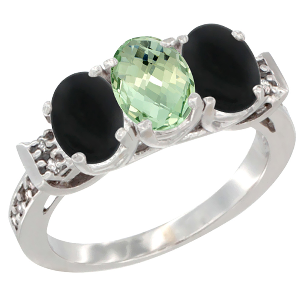 14K White Gold Natural Green Amethyst & Black Onyx Sides Ring 3-Stone Oval 7x5 mm Diamond Accent, sizes 5 - 10