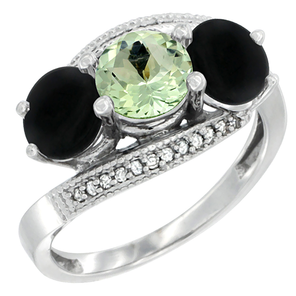 10K White Gold Natural Green Amethyst &amp; Black Onyx Sides 3 stone Ring Round 6mm Diamond Accent, sizes 5 - 10