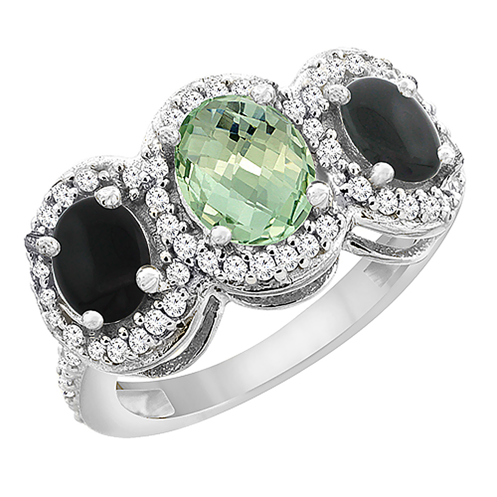 14K White Gold Natural Green Amethyst &amp; Black Onyx 3-Stone Ring Oval Diamond Accent, sizes 5 - 10