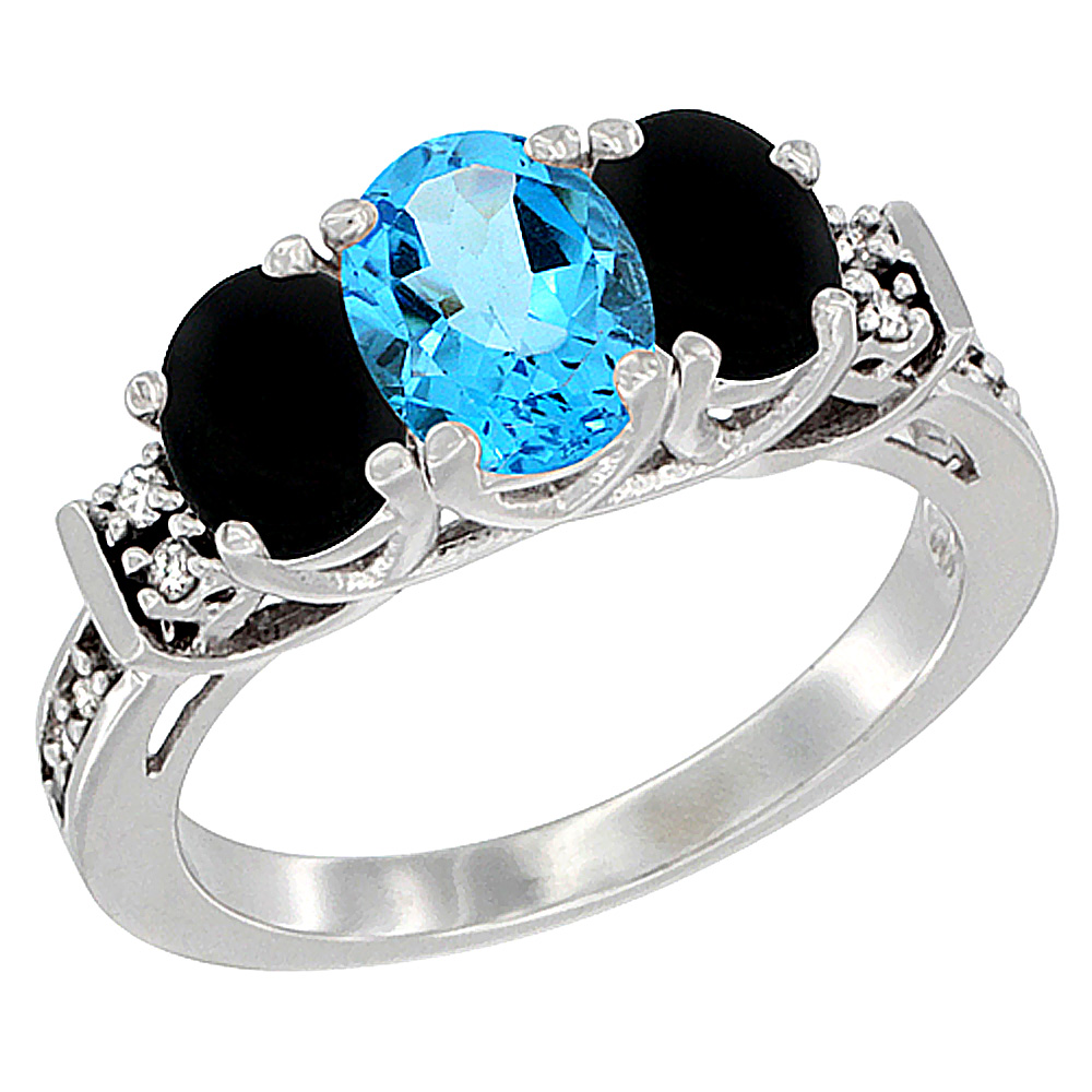 14K White Gold Natural Swiss Blue Topaz &amp; Black Onyx Ring 3-Stone Oval Diamond Accent, sizes 5-10