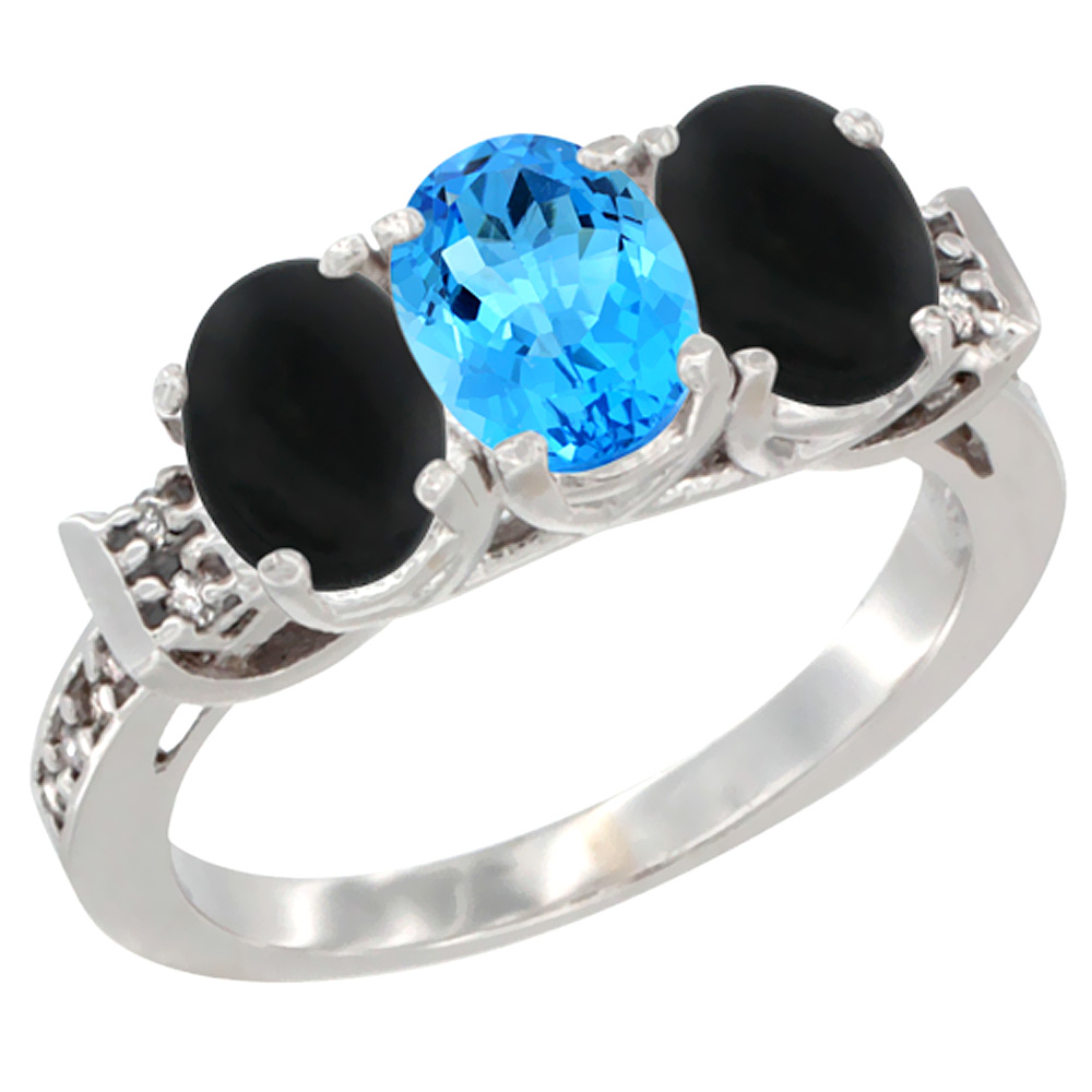 10K White Gold Natural Swiss Blue Topaz &amp; Black Onyx Sides Ring 3-Stone Oval 7x5 mm Diamond Accent, sizes 5 - 10