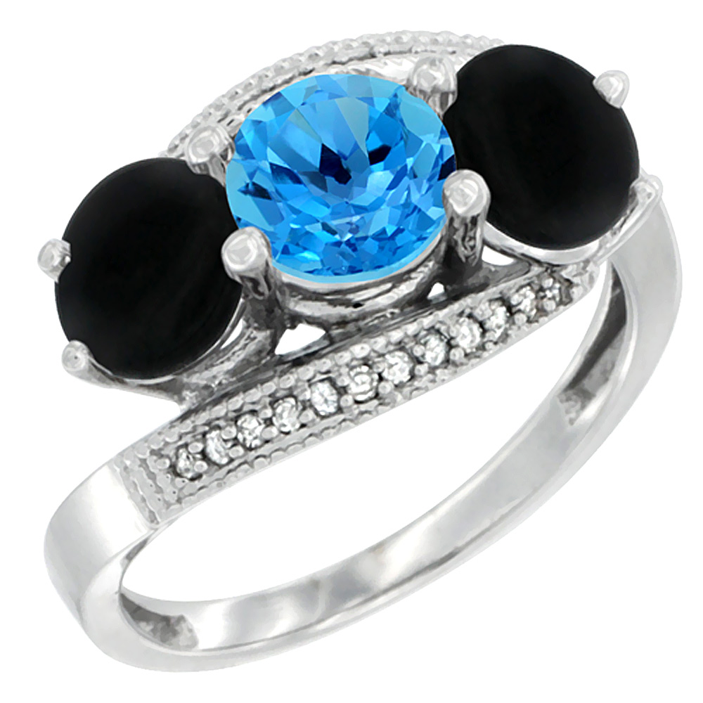 10K White Gold Natural Swiss Blue Topaz &amp; Black Onyx Sides 3 stone Ring Round 6mm Diamond Accent, sizes 5 - 10