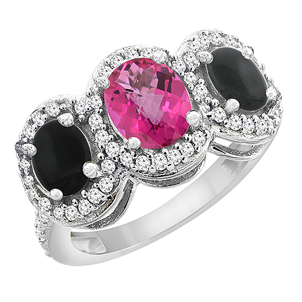 10K White Gold Natural Pink Topaz & Black Onyx 3-Stone Ring Oval Diamond Accent, sizes 5 - 10