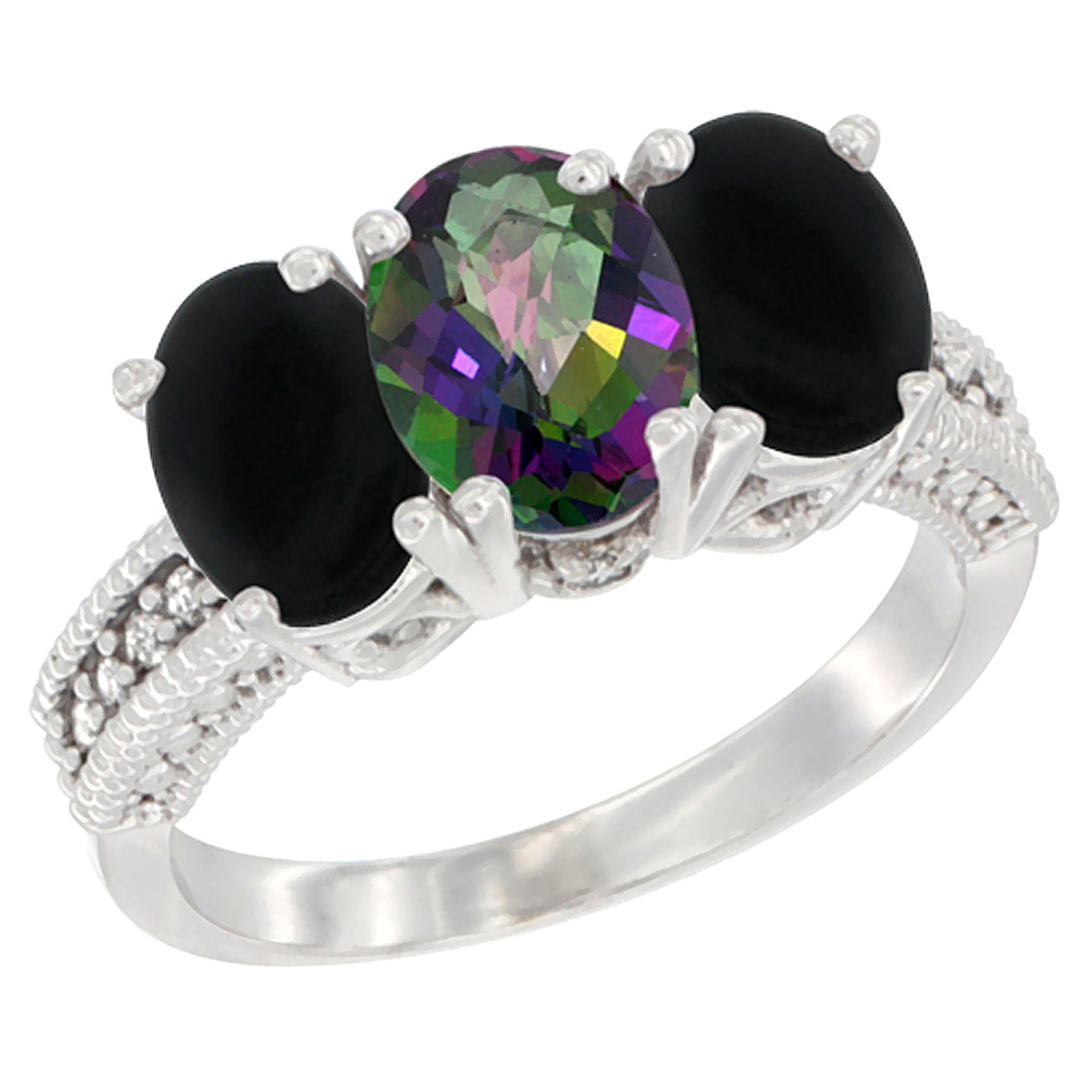 14K White Gold Natural Mystic Topaz & Black Onyx Sides Ring 3-Stone 7x5 mm Oval Diamond Accent, sizes 5 - 10