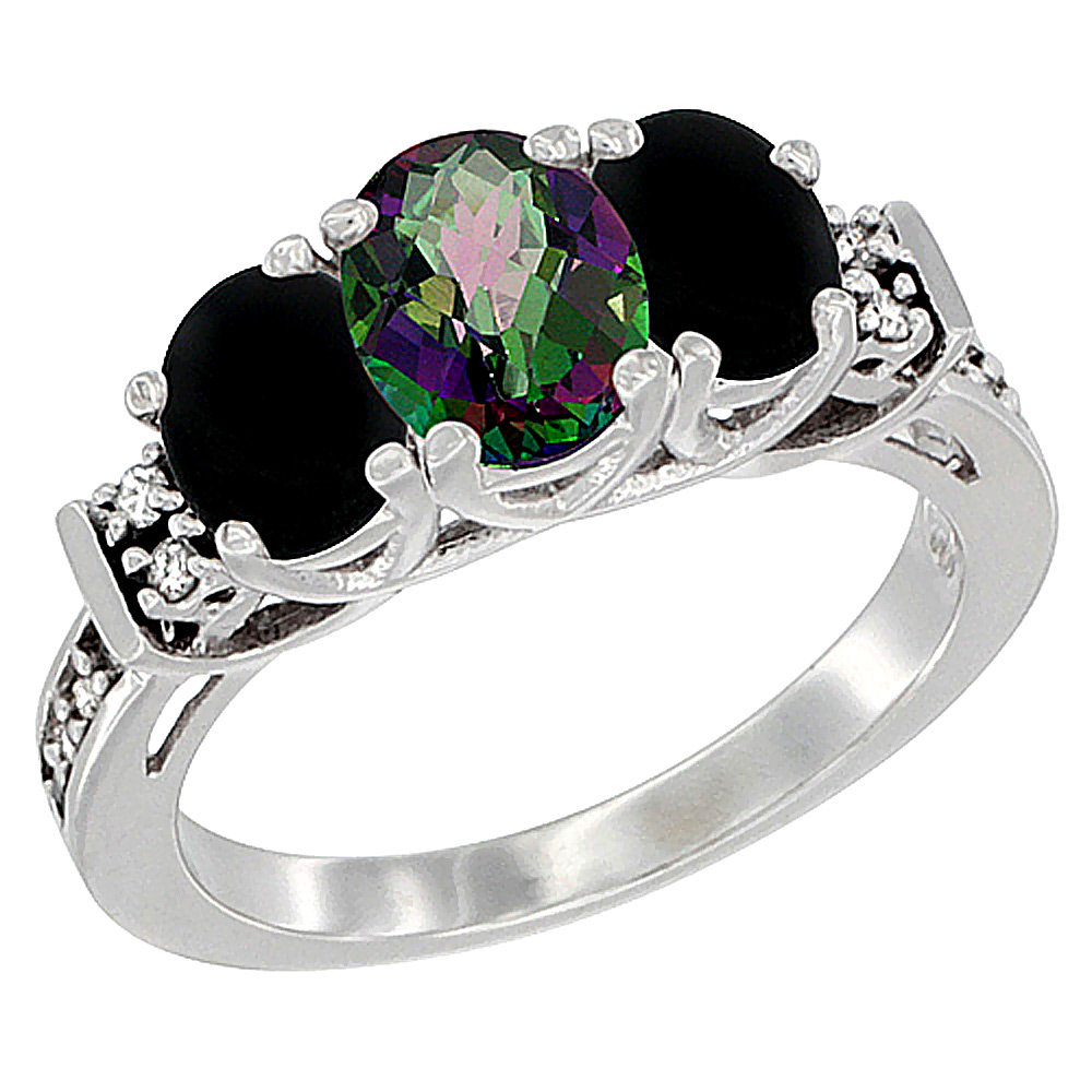 14K White Gold Natural Mystic Topaz & Black Onyx Ring 3-Stone Oval Diamond Accent, sizes 5-10