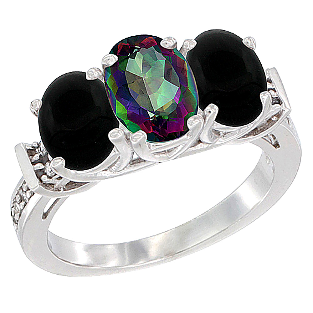 14K White Gold Natural Mystic Topaz & Black Onyx Sides Ring 3-Stone Oval Diamond Accent, sizes 5 - 10