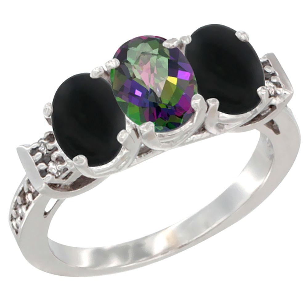 10K White Gold Natural Mystic Topaz &amp; Black Onyx Sides Ring 3-Stone Oval 7x5 mm Diamond Accent, sizes 5 - 10