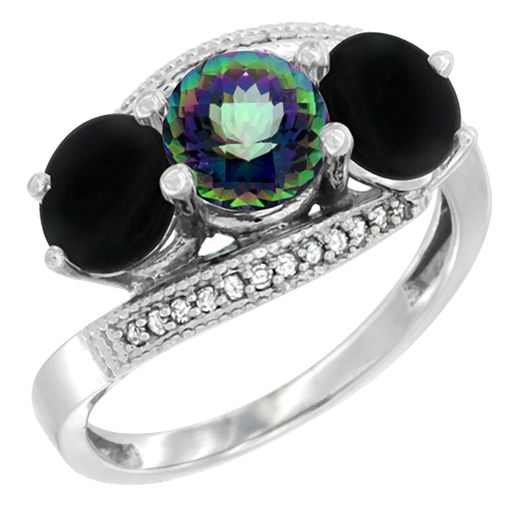 10K White Gold Natural Mystic Topaz &amp; Black Onyx Sides 3 stone Ring Round 6mm Diamond Accent, sizes 5 - 10