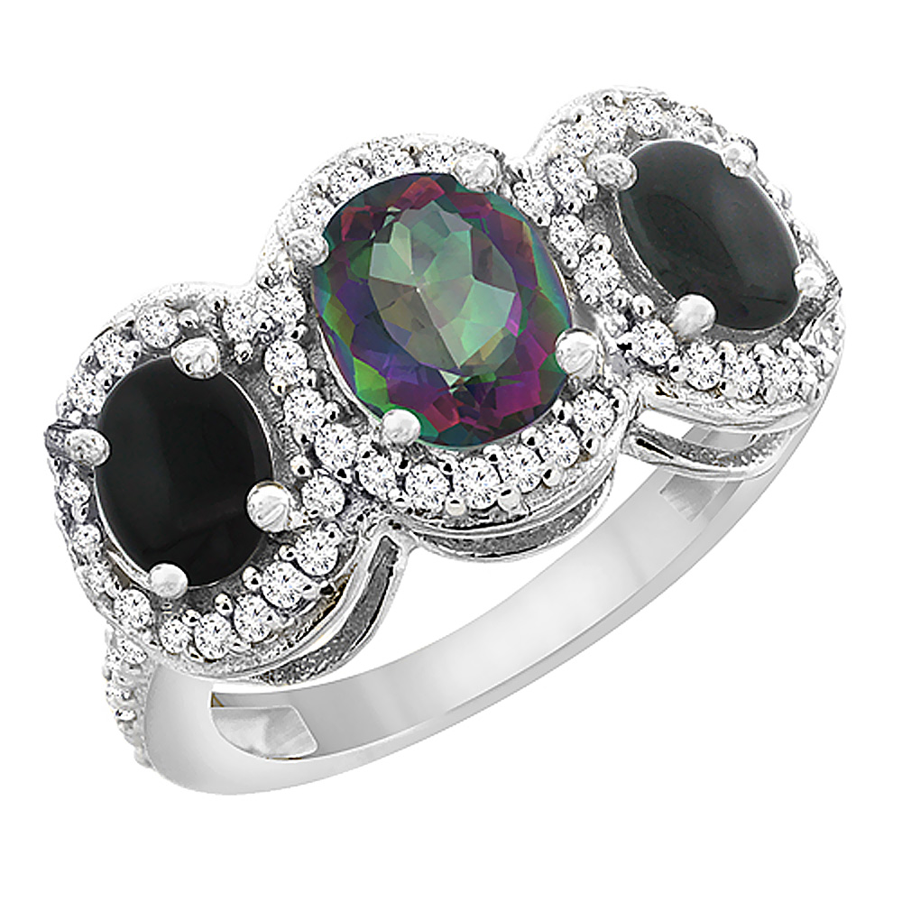 14K White Gold Natural Mystic Topaz & Black Onyx 3-Stone Ring Oval Diamond Accent, sizes 5 - 10