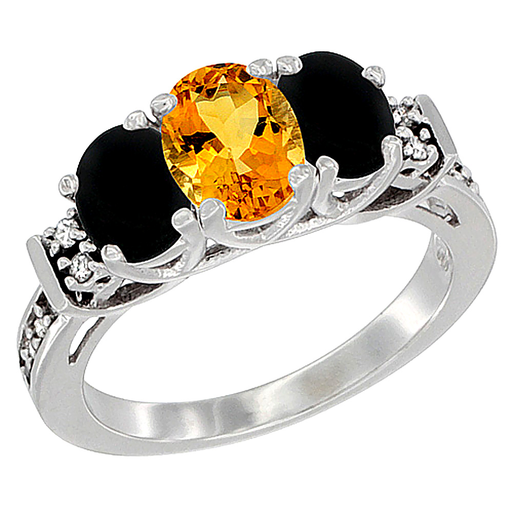 14K White Gold Natural Citrine &amp; Black Onyx Ring 3-Stone Oval Diamond Accent, sizes 5-10