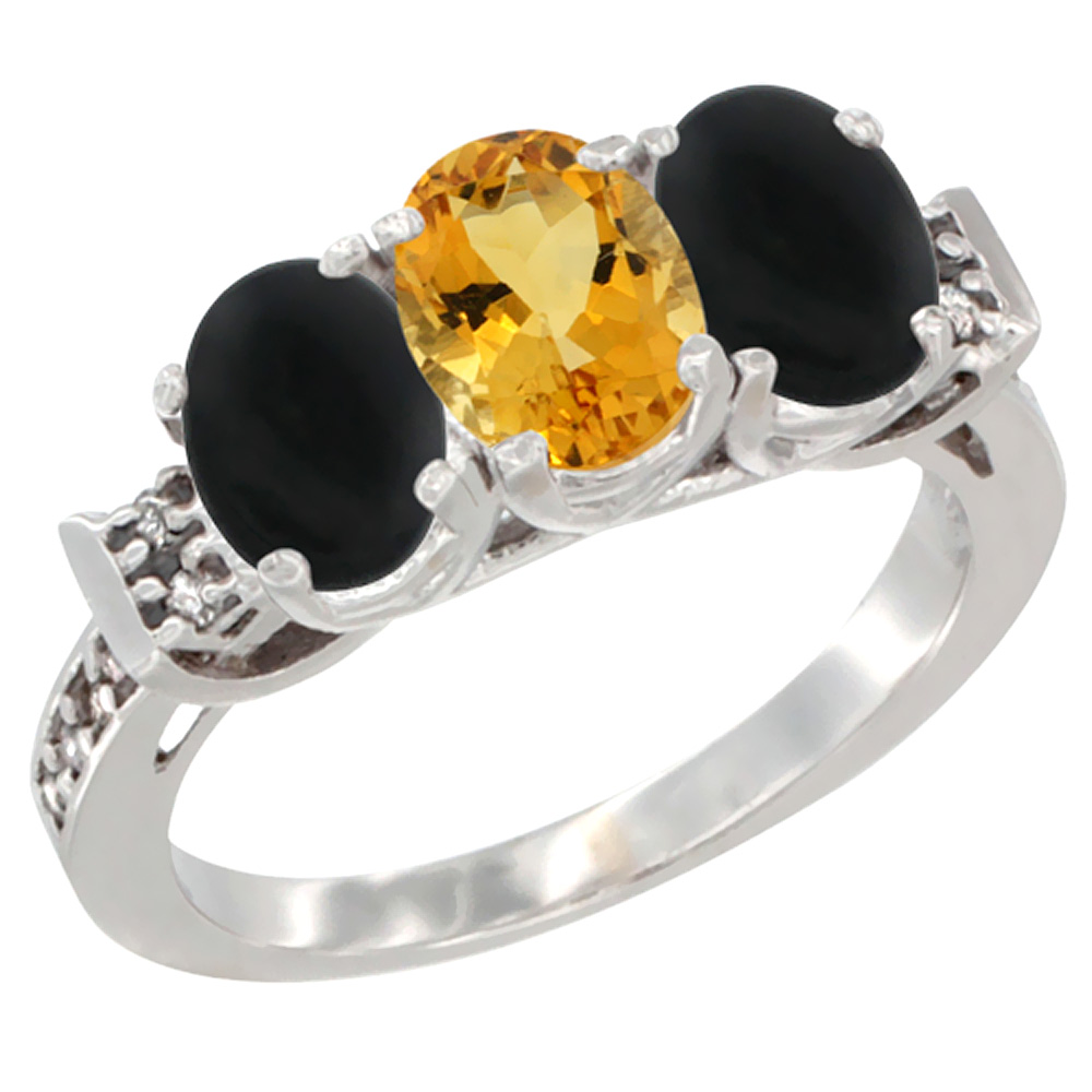 14K White Gold Natural Citrine & Black Onyx Sides Ring 3-Stone Oval 7x5 mm Diamond Accent, sizes 5 - 10