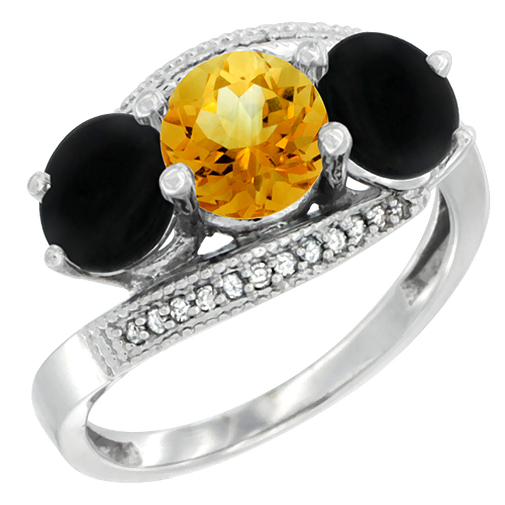 14K White Gold Natural Citrine &amp; Black Onyx Sides 3 stone Ring Round 6mm Diamond Accent, sizes 5 - 10