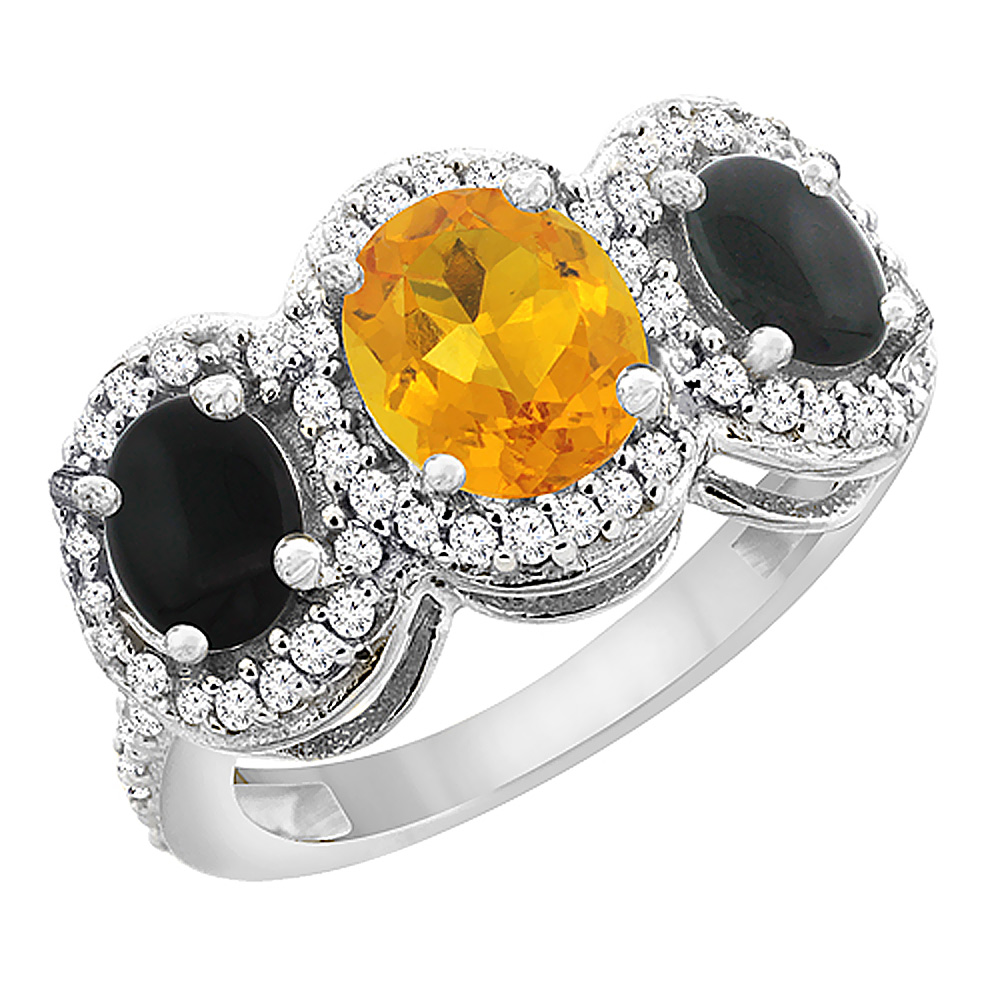 10K White Gold Natural Citrine & Black Onyx 3-Stone Ring Oval Diamond Accent, sizes 5 - 10