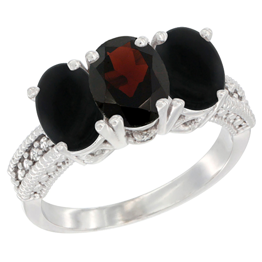 10K White Gold Diamond Natural Garnet & Black Onyx Ring 3-Stone 7x5 mm Oval, sizes 5 - 10