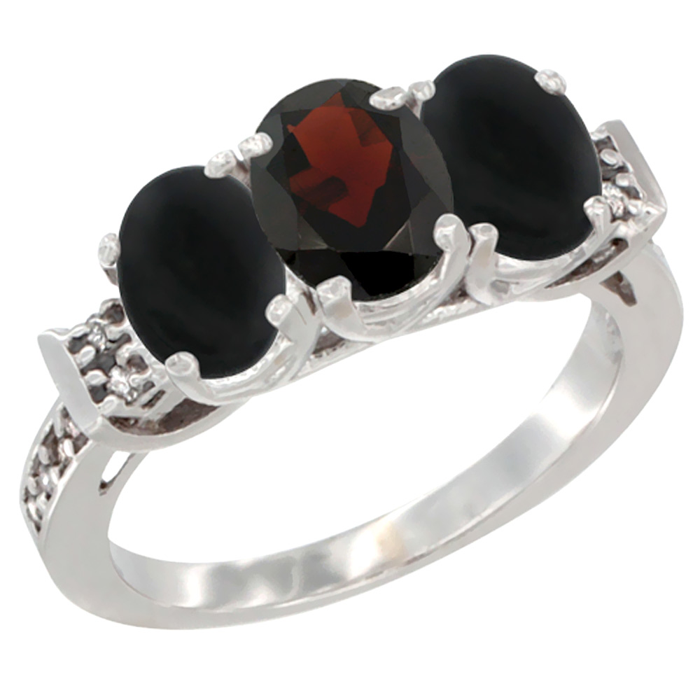 14K White Gold Natural Garnet & Black Onyx Sides Ring 3-Stone Oval 7x5 mm Diamond Accent, sizes 5 - 10